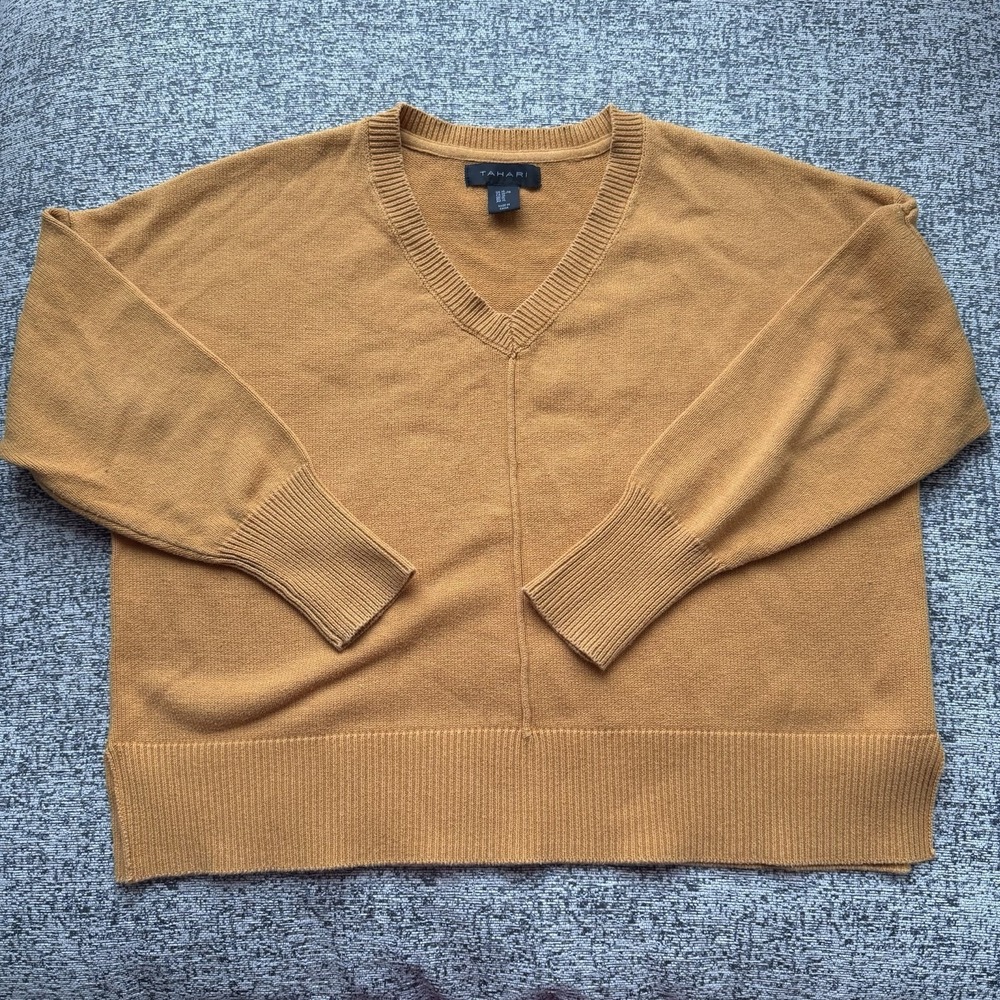 Tahari Women's Mustard Gold V-Neck Sweater XL Cotton Blend Ribbed Hem Sweater